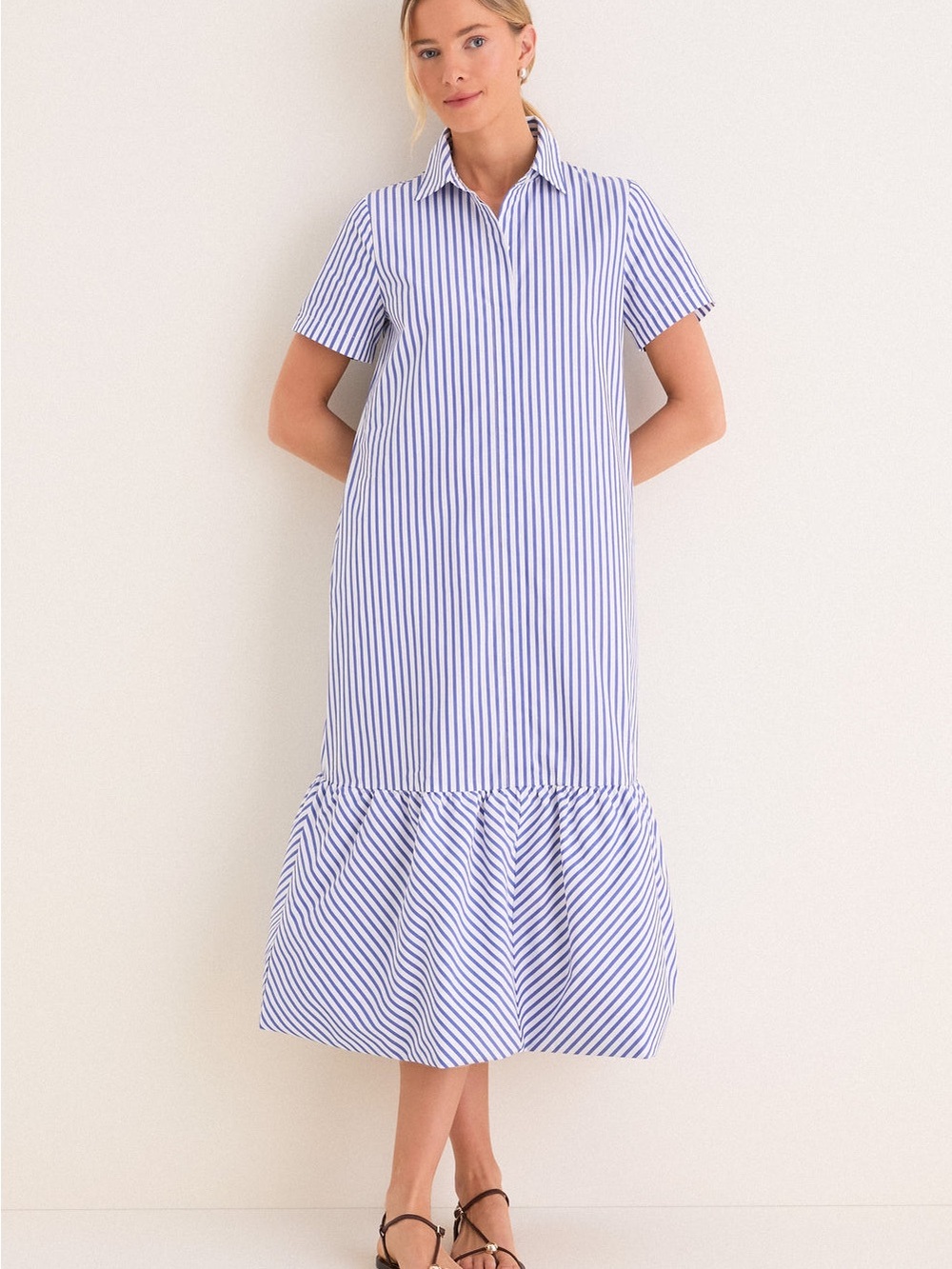 Tuckernuck Martine Blue White Stripe Collared Ruffle Hem Bubble Midi Dress XXS